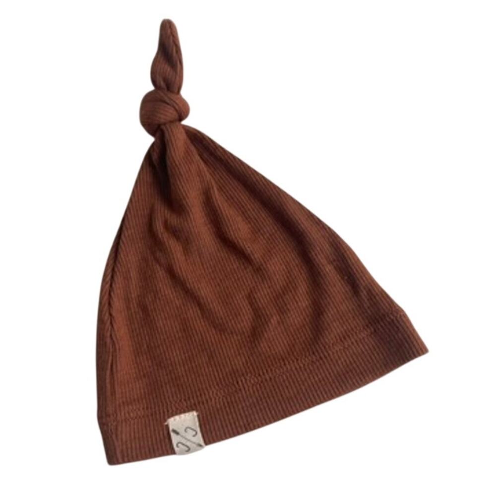 Childhoods Clothing Fine Ribbed Top Knot Baby Hat - Brown